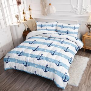 Datura home Anchor Comforter Sets for Boys Girls Kids,Blue White Stripes Starfish Anchor,Duvet 3Pcs in Quilt Sets with 1 Comforter and 2 Pillowcases All Season(Blue White Queen)