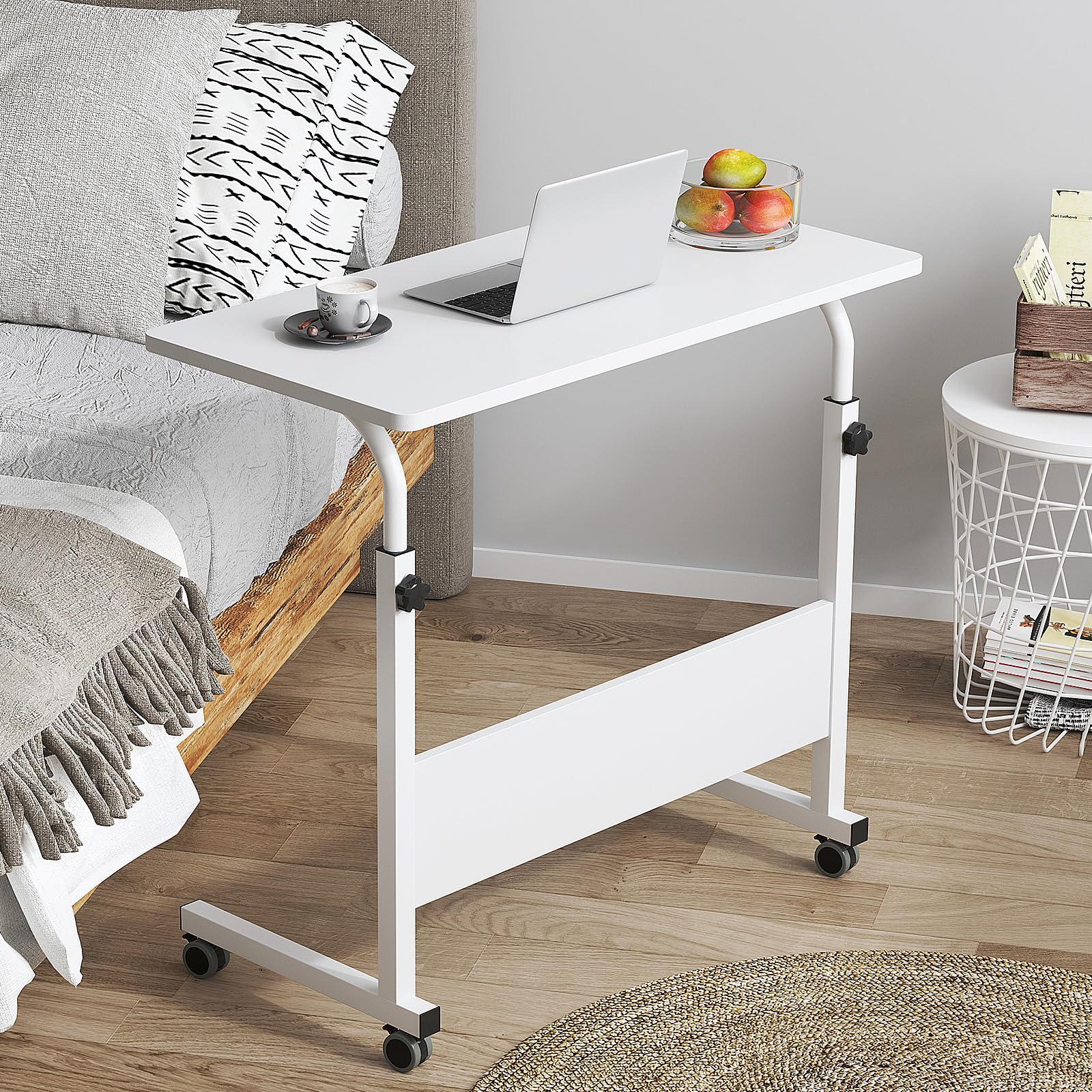 DlandHome Rolling Desk Adjustable Standing Desk, Mobile Side Table 31.4 Inches w/Wheels Adjustable C Table Movable Portable Laptop Computer Stand for Bed Sofa,White