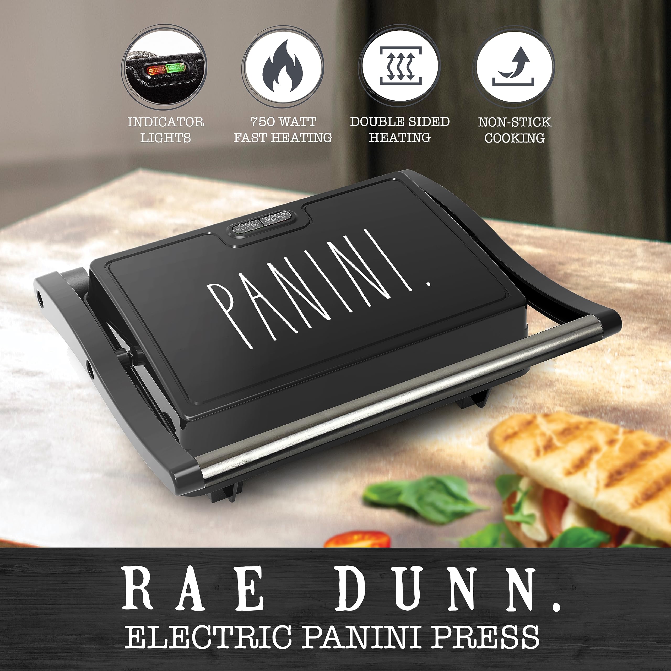 Rae Dunn Panini Maker - 750 Watt 2-Slice Press Grill with Indicator Lights | Opens 180 Degrees | Double Sided Heating | Non-stick Cooking | Cool Touch Handle | Easy to Clean, Black