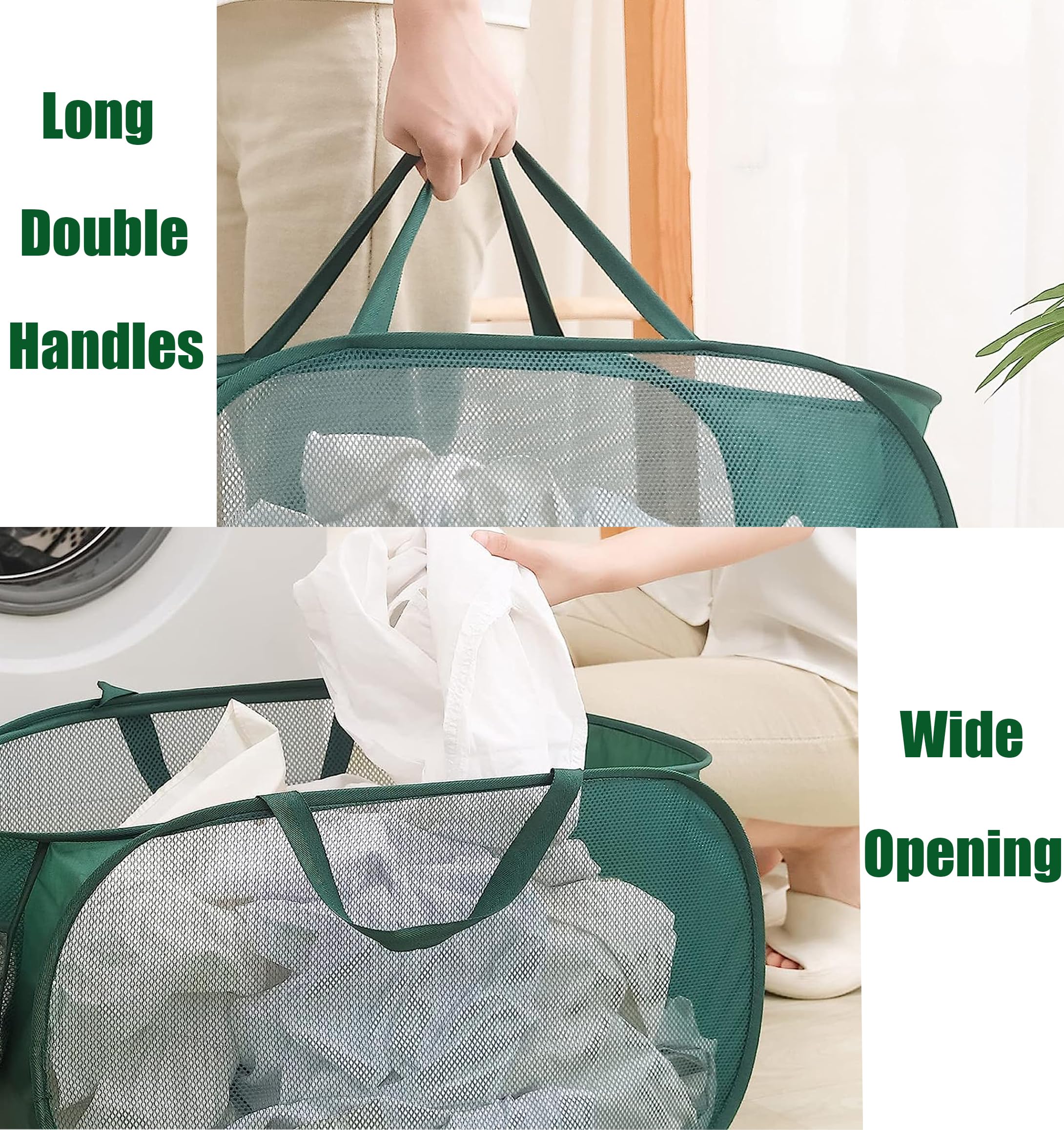 Mesh Pop Up Laundry Hamper, Durable Collapsible Laundry Baskets with Side Pockets, Foldable Clothes Storage Hamper with Reinforced Carry Handles for Dorm, Laundry Room, Kids Room, Green,1 Pack