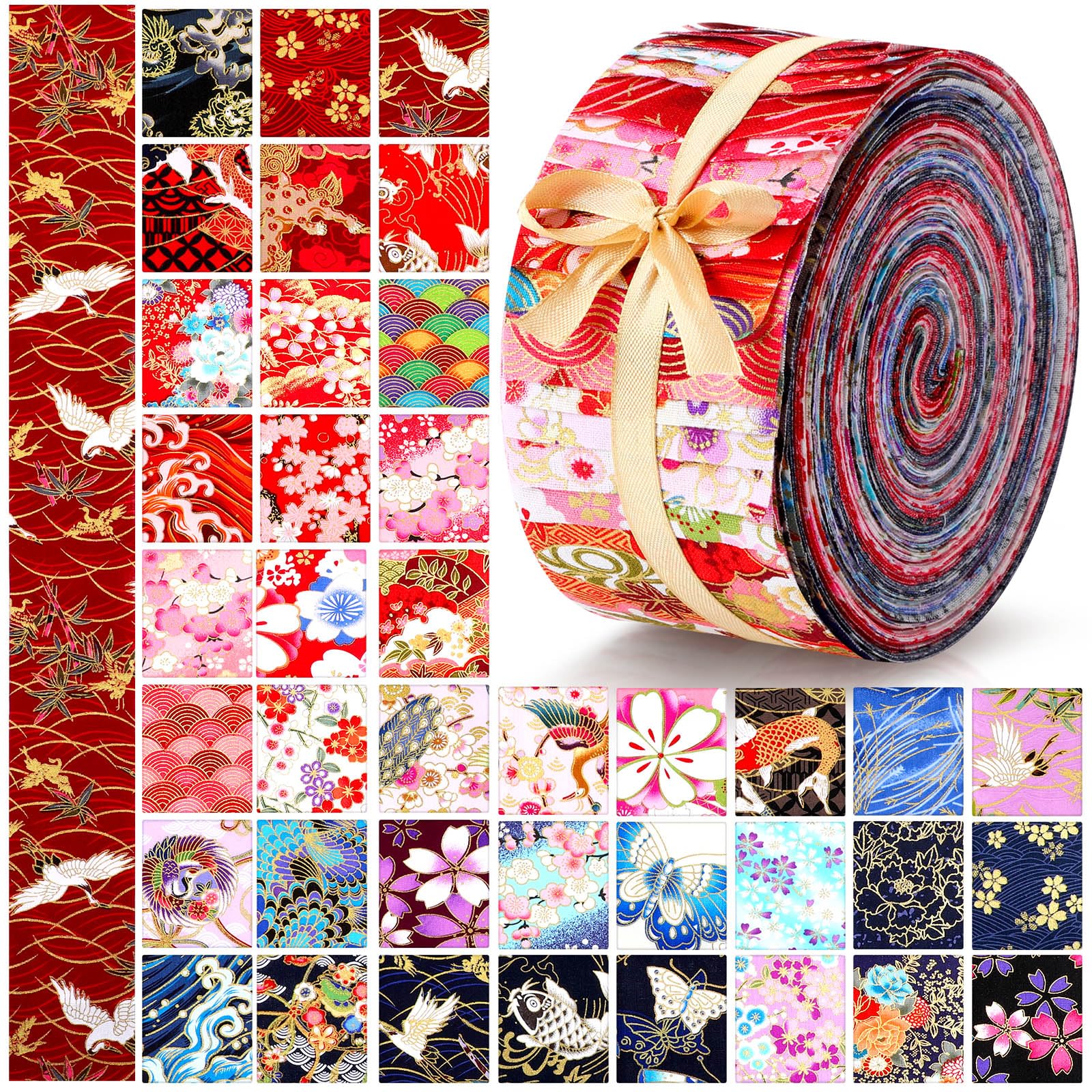 Peryiter 40 Pcs Cotton Jelly Fabric Roll Quilting Strips Different Patterns Patchwork Craft Sewing Supplies for Quilters Crafting Sewing DIY Crafts, 39.37 x 2.56 Inches(Japanese)