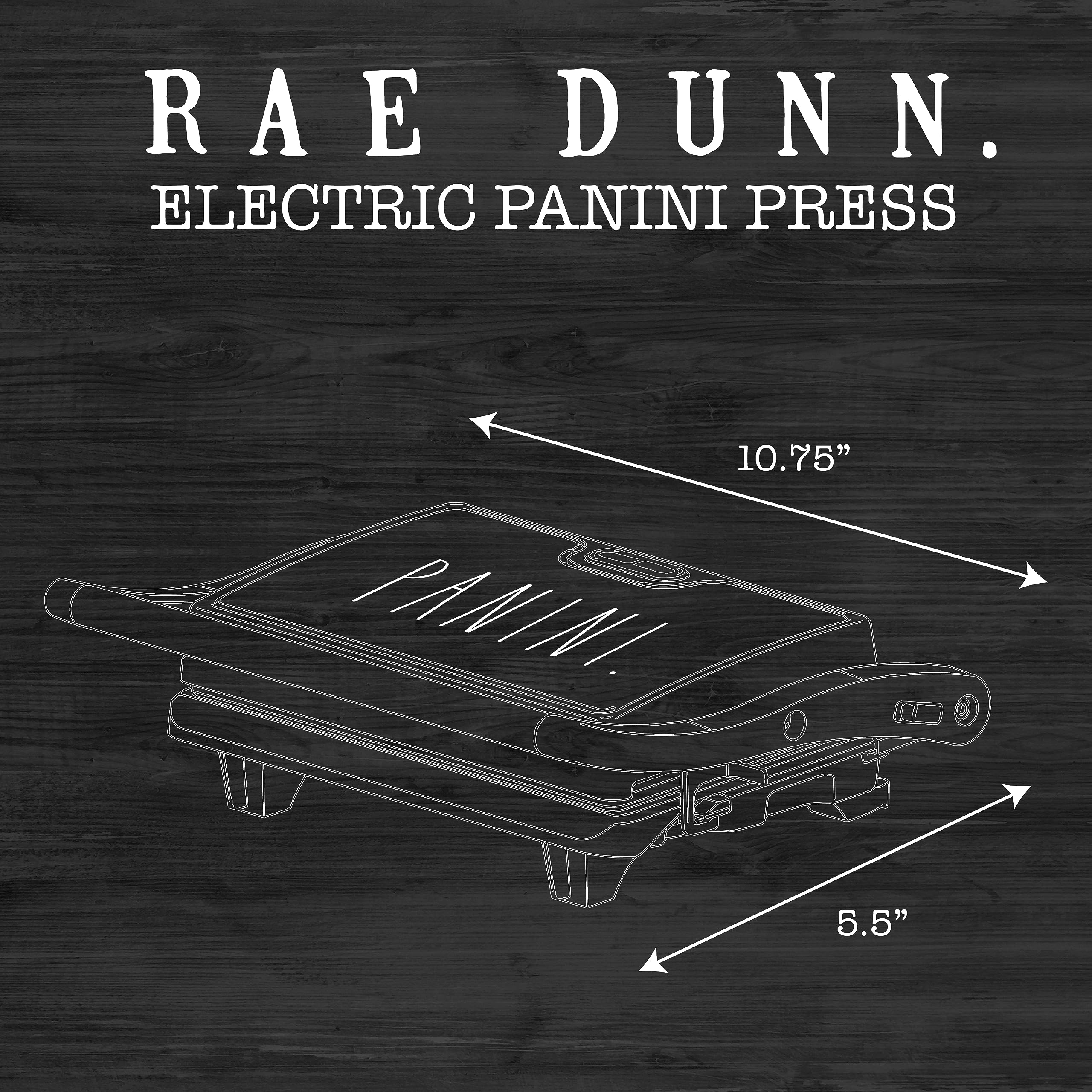 Rae Dunn Panini Maker - 750 Watt 2-Slice Press Grill with Indicator Lights | Opens 180 Degrees | Double Sided Heating | Non-stick Cooking | Cool Touch Handle | Easy to Clean, Black