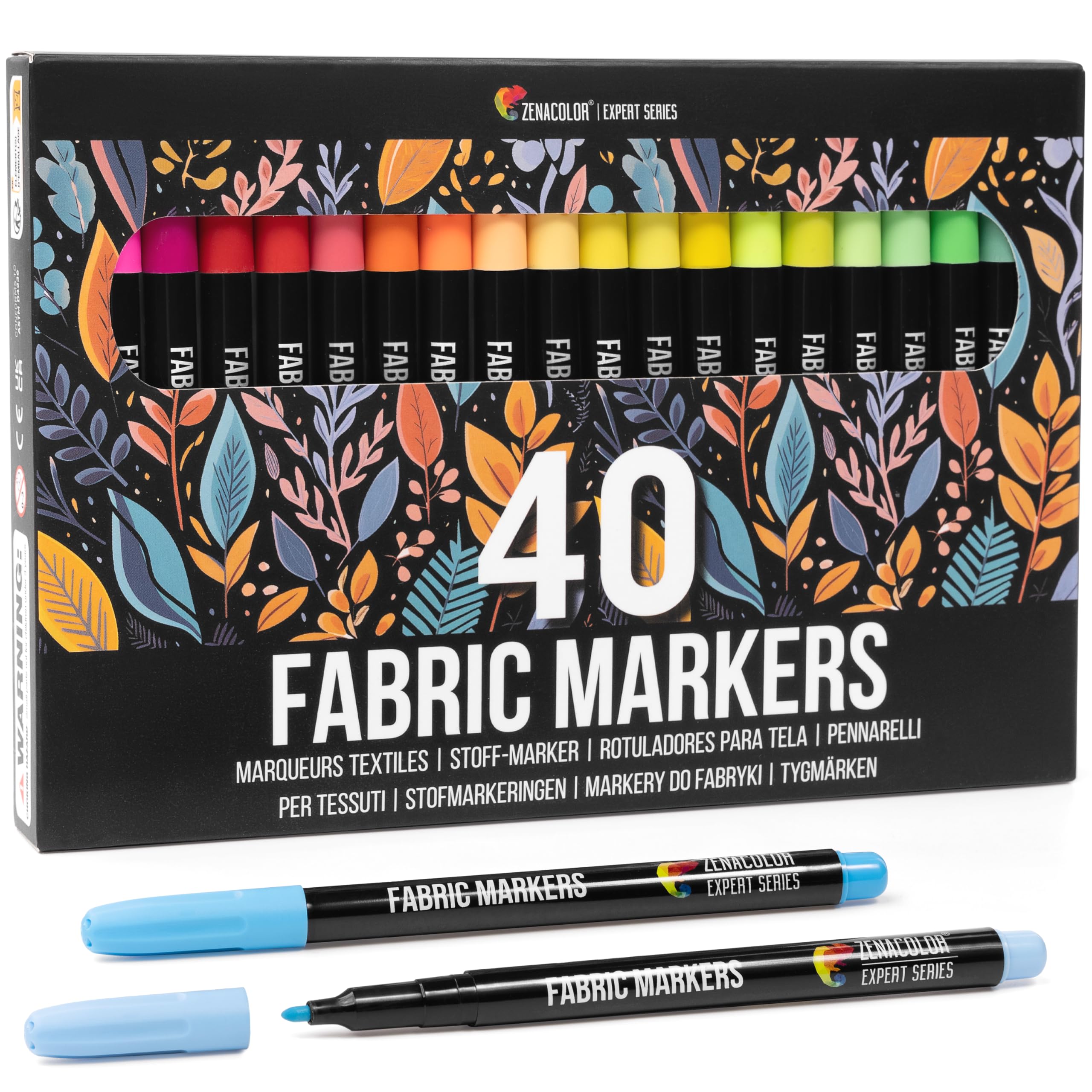 Zenacolor 40 Fabric Markers Pens Set - Non Toxic, Indelible and Permanent Fabric Paint - Fine Point Tip Textile Marker Pen