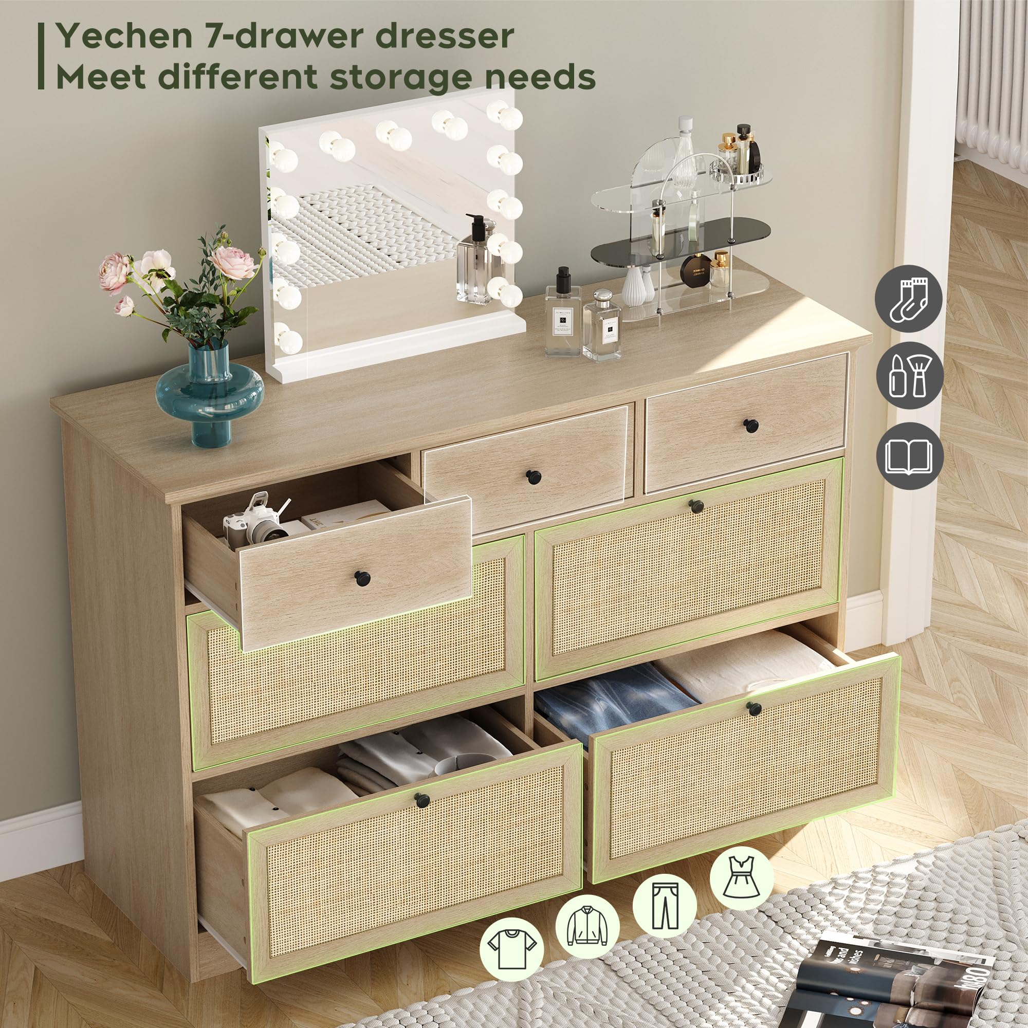 Yechen 7 Drawers Natural Rattan Dresser for Bedroom, Mid-Century Modern Dresser Natural Wood Dressers with Elegant Tabletop, Boho Drawer Dresser TV Stand with Sturdy Base for Living Room, Baby Nursery