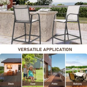 VredHom Outdoor Metal Bar Stools, Patio Bar Stools Set of 4 Counter Height Chairs Steel Bar Chairs Lightweight Patio Furniture with Textilene, Armrest and Footrest, Light Grey