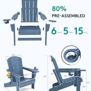 SERWALL Folding Adirondack Chair, HDPE Adirondack Chairs, Plastic Outdoor Chairs- Looks Exactly Like Real Wood- Navy