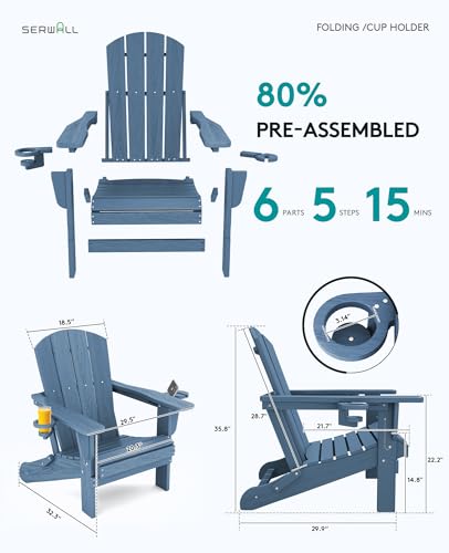 SERWALL Folding Adirondack Chair, HDPE Adirondack Chairs, Plastic Outdoor Chairs- Looks Exactly Like Real Wood- Navy