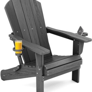 SERWALL Foldable Adirondack Chair, HDPE Adirondack Chair with Wood-Texture-Gray