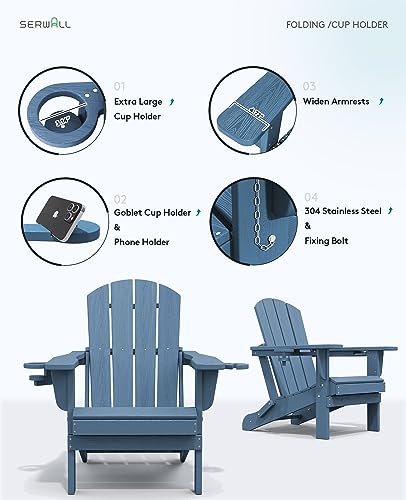 SERWALL Folding Adirondack Chair, HDPE Adirondack Chairs, Plastic Outdoor Chairs- Looks Exactly Like Real Wood- Navy