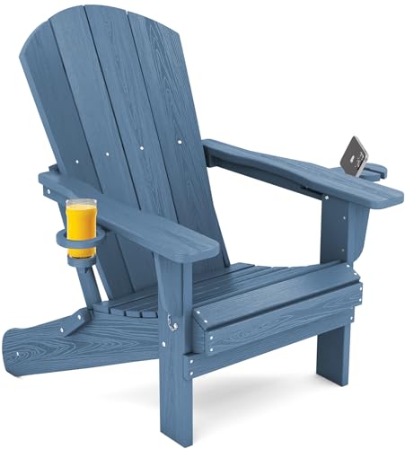 SERWALL Folding Adirondack Chair, HDPE Adirondack Chairs, Plastic Outdoor Chairs- Looks Exactly Like Real Wood- Navy