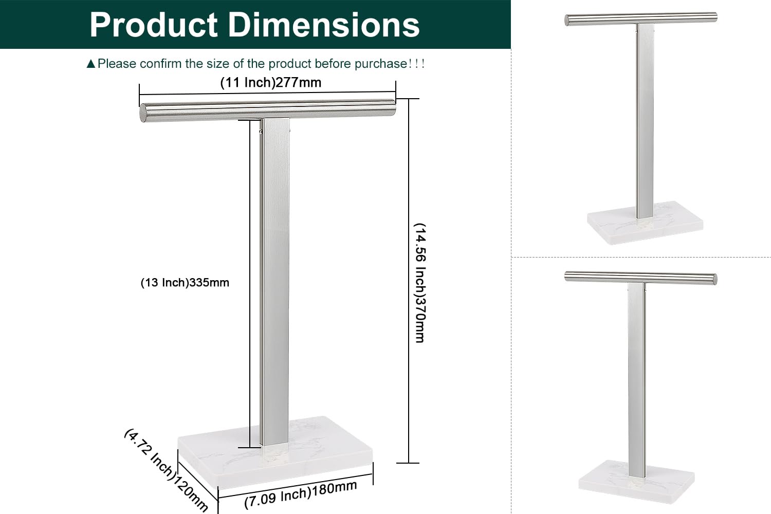 BathAce Hand Towel Holder, T-Shape Hand Towel Stand for Bathroom, Stand Hand Towel Rack Free-Standing Towel Bar for Bathroom Kitchen Countertop, 304 Stainless Steel (14IN-Marble Base, Brushed)