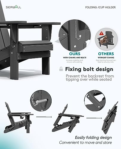 SERWALL Foldable Adirondack Chair, HDPE Adirondack Chair with Wood-Texture-Gray