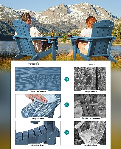 SERWALL Folding Adirondack Chair, HDPE Adirondack Chairs, Plastic Outdoor Chairs- Looks Exactly Like Real Wood- Navy