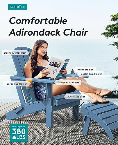 SERWALL Folding Adirondack Chair, HDPE Adirondack Chairs, Plastic Outdoor Chairs- Looks Exactly Like Real Wood- Navy