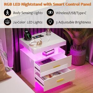 SKKTKT LED Nightstand with Charging Station, Modern White Bedside Table with Body Sensor Light, Night Stand with 2 Storage Drawers & 24 Color Changing, High Gloss End Table Bed Side Table for Bedroom