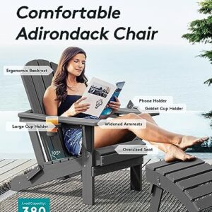 SERWALL Foldable Adirondack Chair, HDPE Adirondack Chair with Wood-Texture-Gray