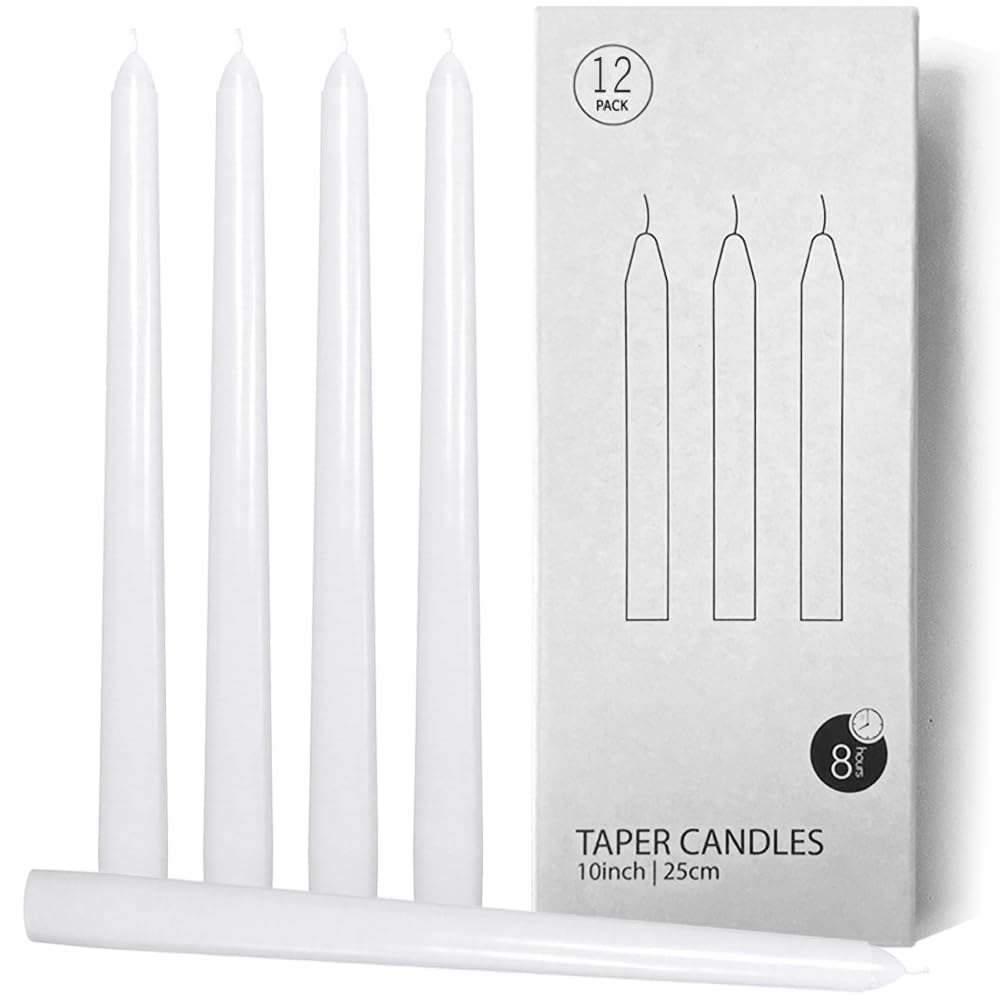 Topsics 12 PCS White Taper Candles, 10 Inch Unscented Long Taper Candles White, Low Heat Romantic Candles for Couples, Wedding, Home Decoration, Dinner, Christmas