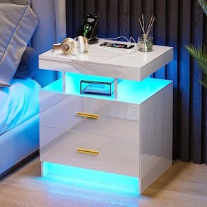 skktkt led nightstand with charging station, modern white bedside table with body sensor light, night stand with 2 storage drawers & 24 color changing, high gloss end table bed side table for bedroom