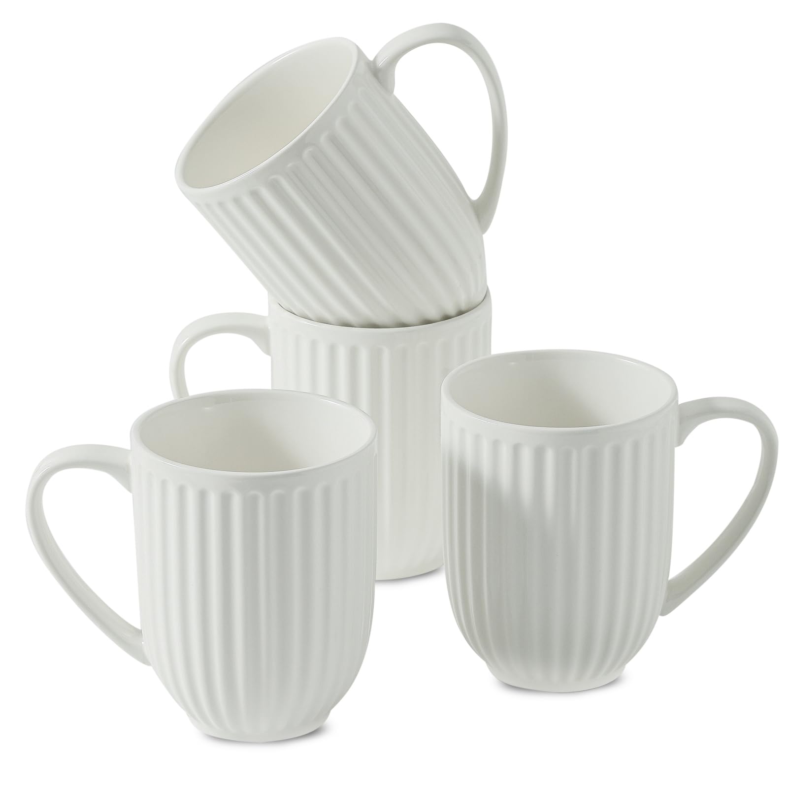 Hasense Ceramic Coffee Mugs Set of 4, 16 Oz Large Ribbed Coffee Cups with Big Handle, Unique Modern Style White Latte Mugs for Tea,Cocoa,Milk,Cappuccino, Microwave & Dishwasher Safe