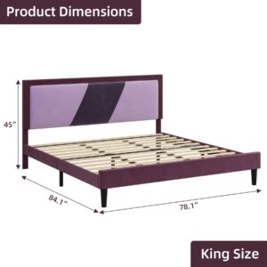 VORTEXTOVE King Size Bed Frame, Velvet Bed Frame with Upholstered Headboard, Platform Bed Frame with Strong Wooden Slats, No Box Spring Needed, Easy Assembly, Purple