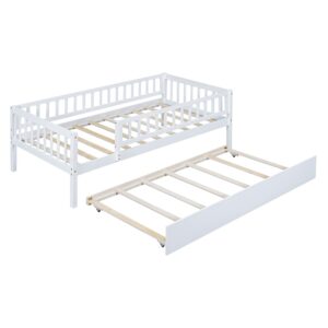 Hlcodca Twin Size Bed Frame with Trundle and Fence Guardrails for Kids Teens Adults, Wood Slat Support, No Box Spring Needed, Easy Assembly (White, Twin)