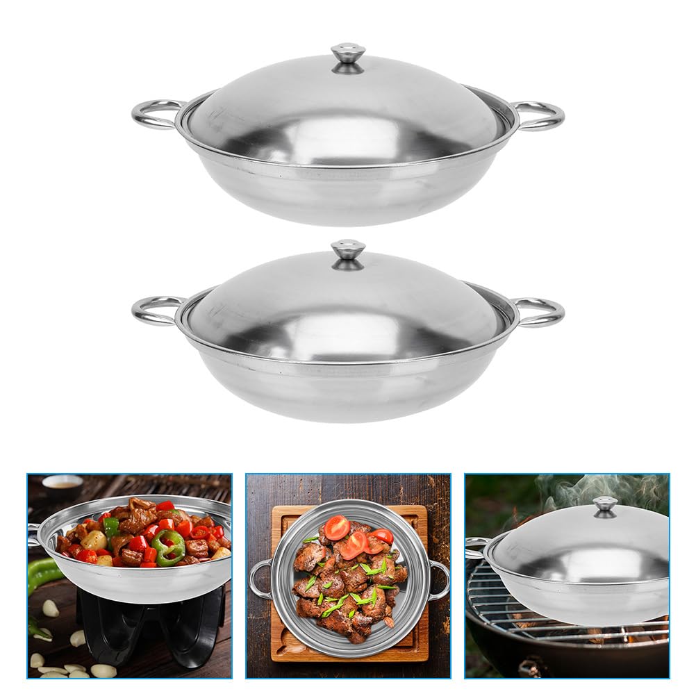 Kichvoe Stainless Steel Wok Pan with Lid 2pcs Double Handle Everyday Pan Nonstick Frying Pan Shabu Pot Seafood Cookware Fits All Stoves for Home Outdoor Camping BBQ 24cm