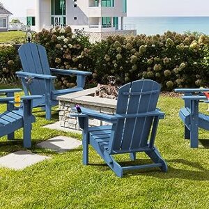 SERWALL Folding Adirondack Chair, HDPE Adirondack Chairs, Plastic Outdoor Chairs- Looks Exactly Like Real Wood- Navy