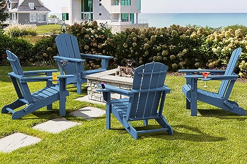 SERWALL Folding Adirondack Chair, HDPE Adirondack Chairs, Plastic Outdoor Chairs- Looks Exactly Like Real Wood- Navy