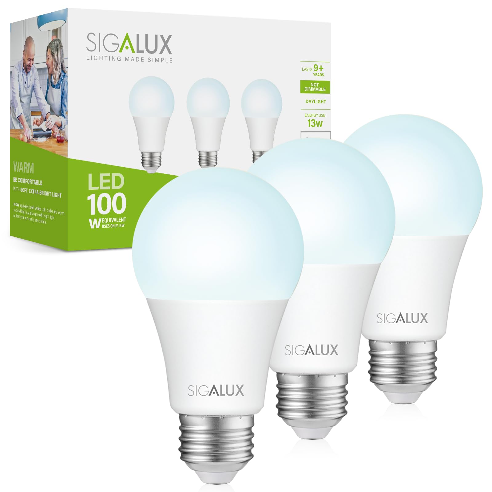 Sigalux Light Bulbs 100 Watt Equivalent LED Bulbs, A19 Daylight Standard Light Bulbs 5000K White,Non-Dimmable 13W Energy Efficient Light Bulbs with E26 Medium Base,1500LM,UL Listed,3 Pack