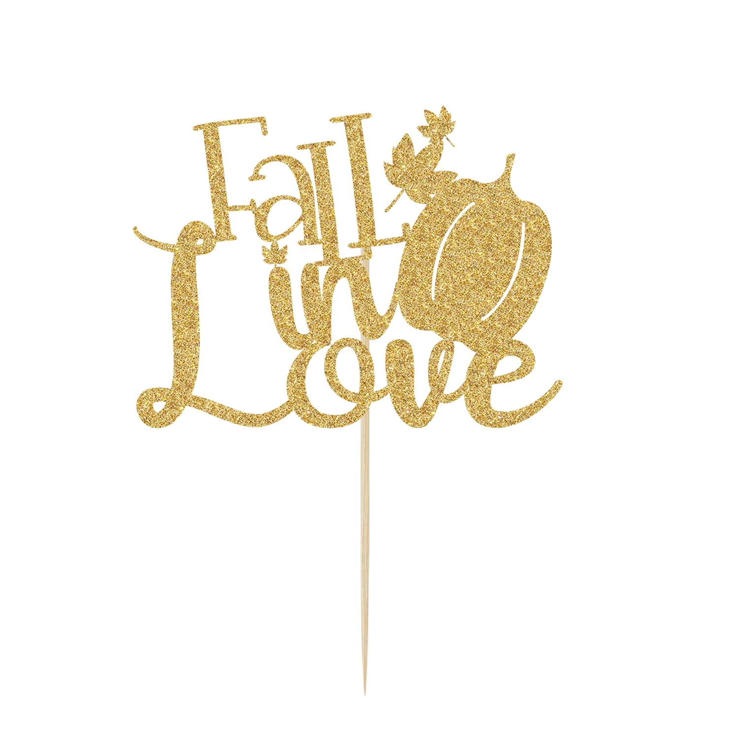 Glitter Fall in Love Cake Topper - Autumn Happy Anniversary Cake Topper, Pumpkin Wedding Engagement Bridal Shower Party Decorations Gold