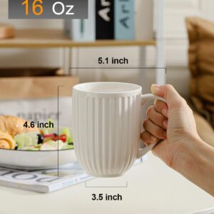 Hasense Ceramic Coffee Mugs Set of 4, 16 Oz Large Ribbed Coffee Cups with Big Handle, Unique Modern Style White Latte Mugs for Tea,Cocoa,Milk,Cappuccino, Microwave & Dishwasher Safe