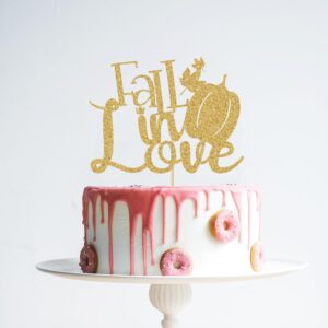 Glitter Fall in Love Cake Topper - Autumn Happy Anniversary Cake Topper, Pumpkin Wedding Engagement Bridal Shower Party Decorations Gold