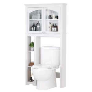 yitahome over the toilet cabinet for bathroom storage, above toilet shelf bathroom organizer cabinet with side storage rack, adjustable shelf and double doors for restroom, laundry, white