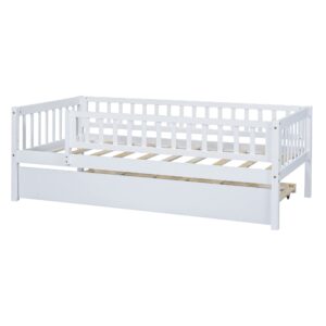 Hlcodca Twin Size Bed Frame with Trundle and Fence Guardrails for Kids Teens Adults, Wood Slat Support, No Box Spring Needed, Easy Assembly (White, Twin)