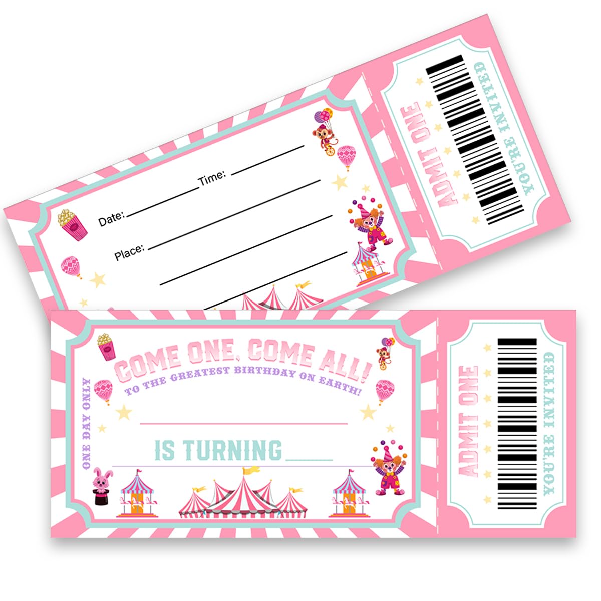 LyoGao 20 Pack Carnival Birthday Party Ticket Invitations With Envelopes Pink Carnival Circus Birthday Party Invitations Fill in Invites (Ticket Style)