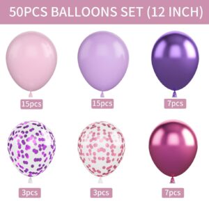 Pink and Purple Balloons, 50PCS 12 Inch Purple Pink Confetti Balloons, Metallic Purple Pink Latex Balloons with Ribbon, Party Balloons for Girls Birthday Baby Shower Wedding Party Decorations