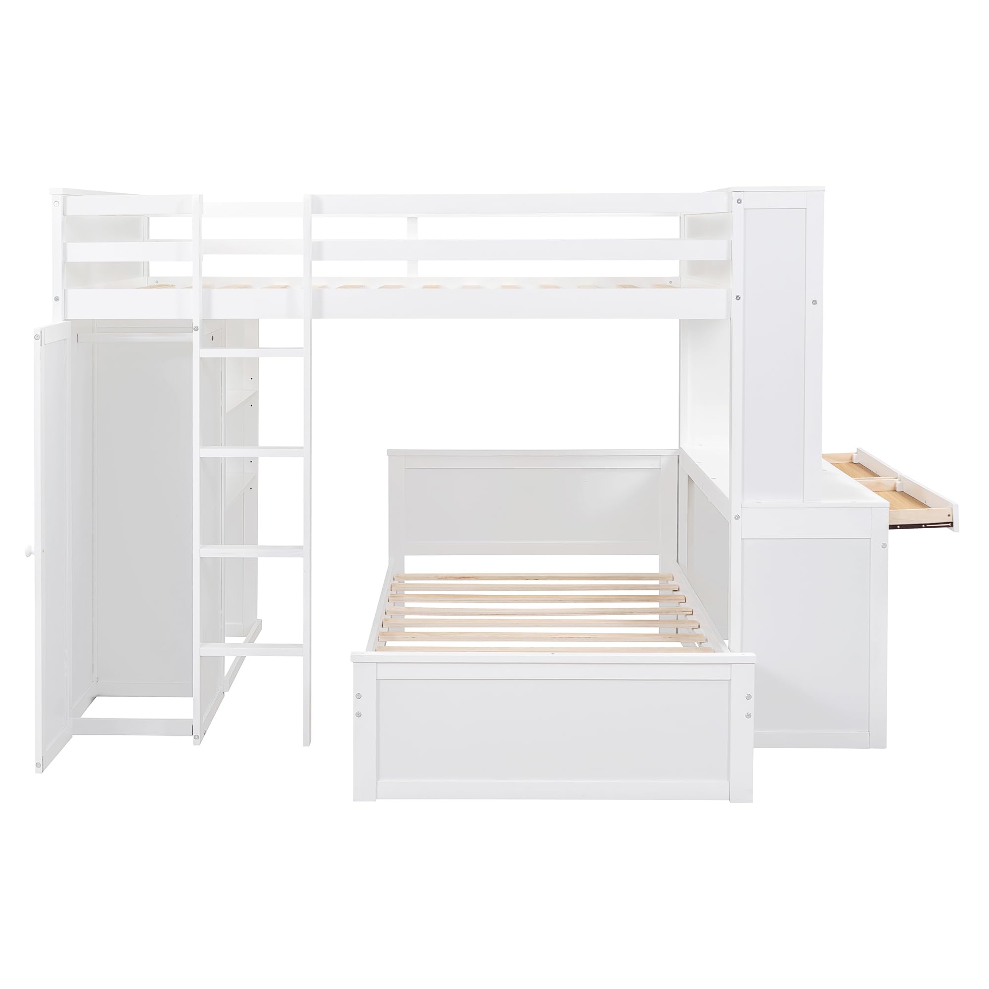 SOFTSEA L-Shaped Loft Bunk Bed for Kids Teens Full Over Twin Bunk Bed with Desk Wardrobe, Storage and Stand-Alone Bed, Full Loft Bed and Twin Platform Bed Set, No Box Spring Needed