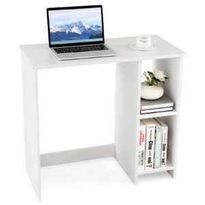 tangkula small white desk with shelves, compact small desk for small space, study writing desk with 2 tier shelves, modern simple style laptop desk, pc desk, kid’s desk, white