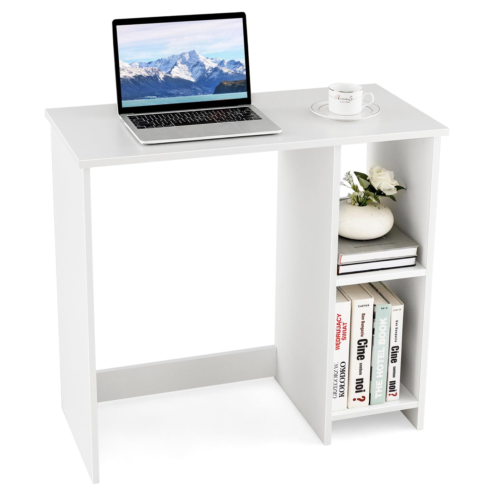 Tangkula Small White Desk with Shelves, Compact Small Desk for Small Space, Study Writing Desk with 2 Tier Shelves, Modern Simple Style Laptop Desk, PC Desk, Kid’s Desk, White