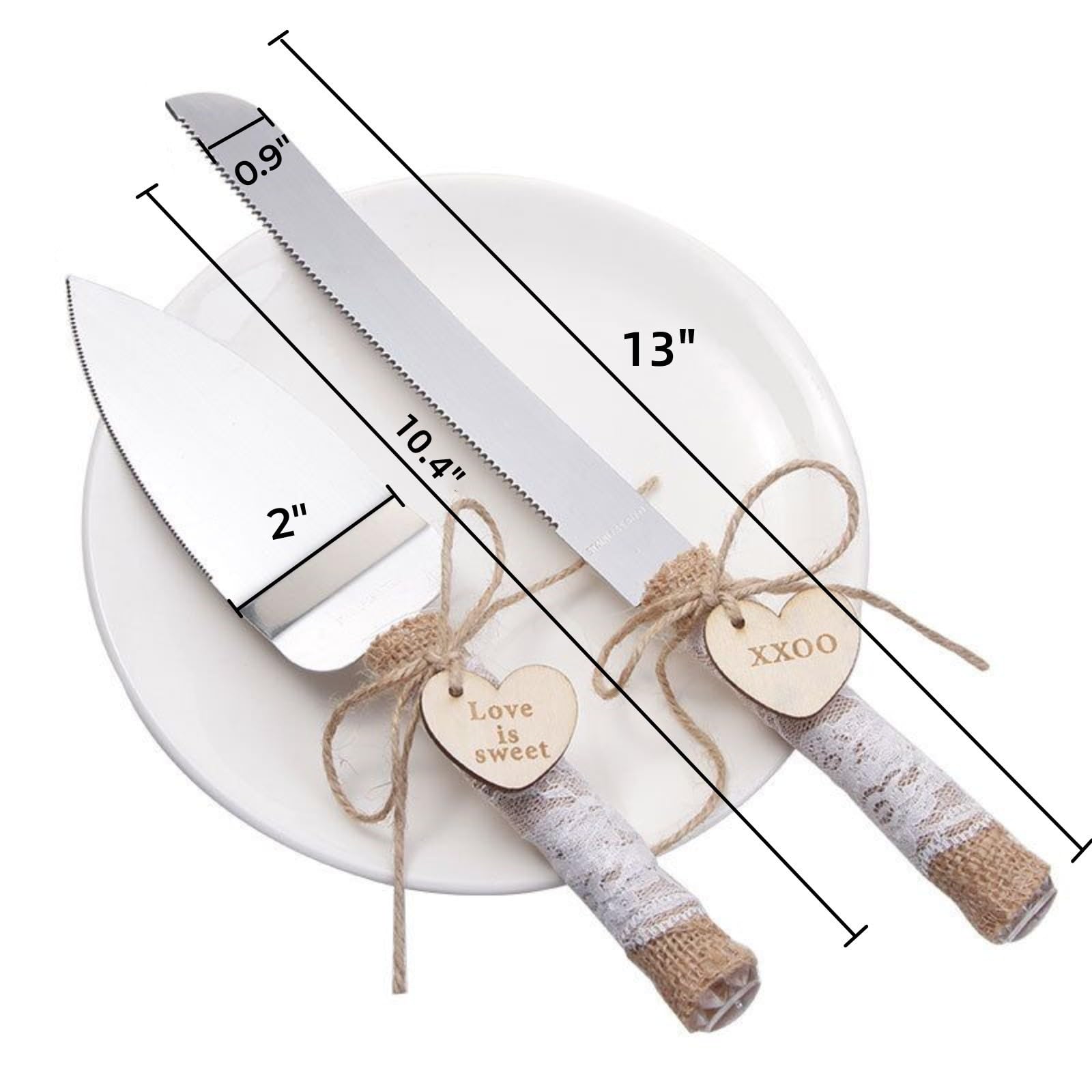 SWTOOL Wedding Cake Knife and Server Set Rustic Style Stainless Steel Cake Cutter Set with Twine Lace and Wood Tag Gifts for Bride and Groom Wedding Anniversaries Parties