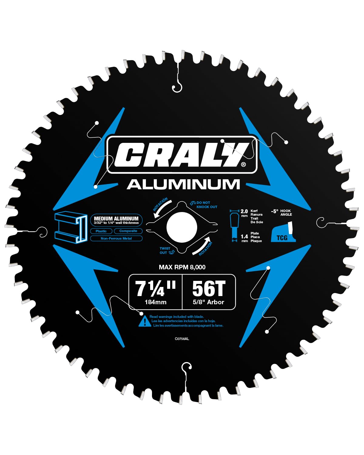 CRALY 7-1/4 Inch 56 Teeth Aluminum and Non-Ferrous Metal Cutting Circular Saw Blade, 5/8 Inch Arbor, Carbide Tipped, Thin Kerf, Black Ice Coating, for Medium Aluminum, Plastic, Composite(C0756AL)