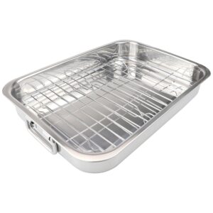 roasting pan with rack stainless steel roaster pan tray rectangular baking pan bbq bakeware quarter sheet with handles for baking cooking (23.5x17.5x5cm)