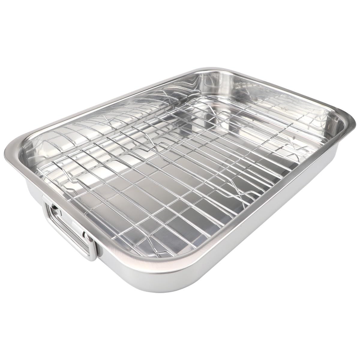 Roasting Pan with Rack Stainless Steel Roaster Pan Tray Rectangular Baking Pan BBQ Bakeware Quarter Sheet with Handles for Baking Cooking (23.5x17.5x5CM)