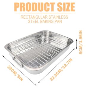 Roasting Pan with Rack Stainless Steel Roaster Pan Tray Rectangular Baking Pan BBQ Bakeware Quarter Sheet with Handles for Baking Cooking (23.5x17.5x5CM)