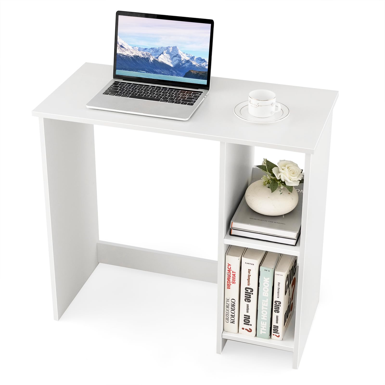 Tangkula Small White Desk with Shelves, Compact Small Desk for Small Space, Study Writing Desk with 2 Tier Shelves, Modern Simple Style Laptop Desk, PC Desk, Kid’s Desk, White