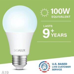 Sigalux Light Bulbs 100 Watt Equivalent LED Bulbs, A19 Daylight Standard Light Bulbs 5000K White,Non-Dimmable 13W Energy Efficient Light Bulbs with E26 Medium Base,1500LM,UL Listed,3 Pack