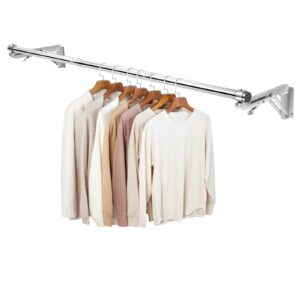 foldable wall mounted clothes rack-44'' long rod&2 bases,stainless steel, heavy duty,detachable,multi-purpose for space-saving garment rack/clothes drying rack/plant hanger,top shelf room reserved