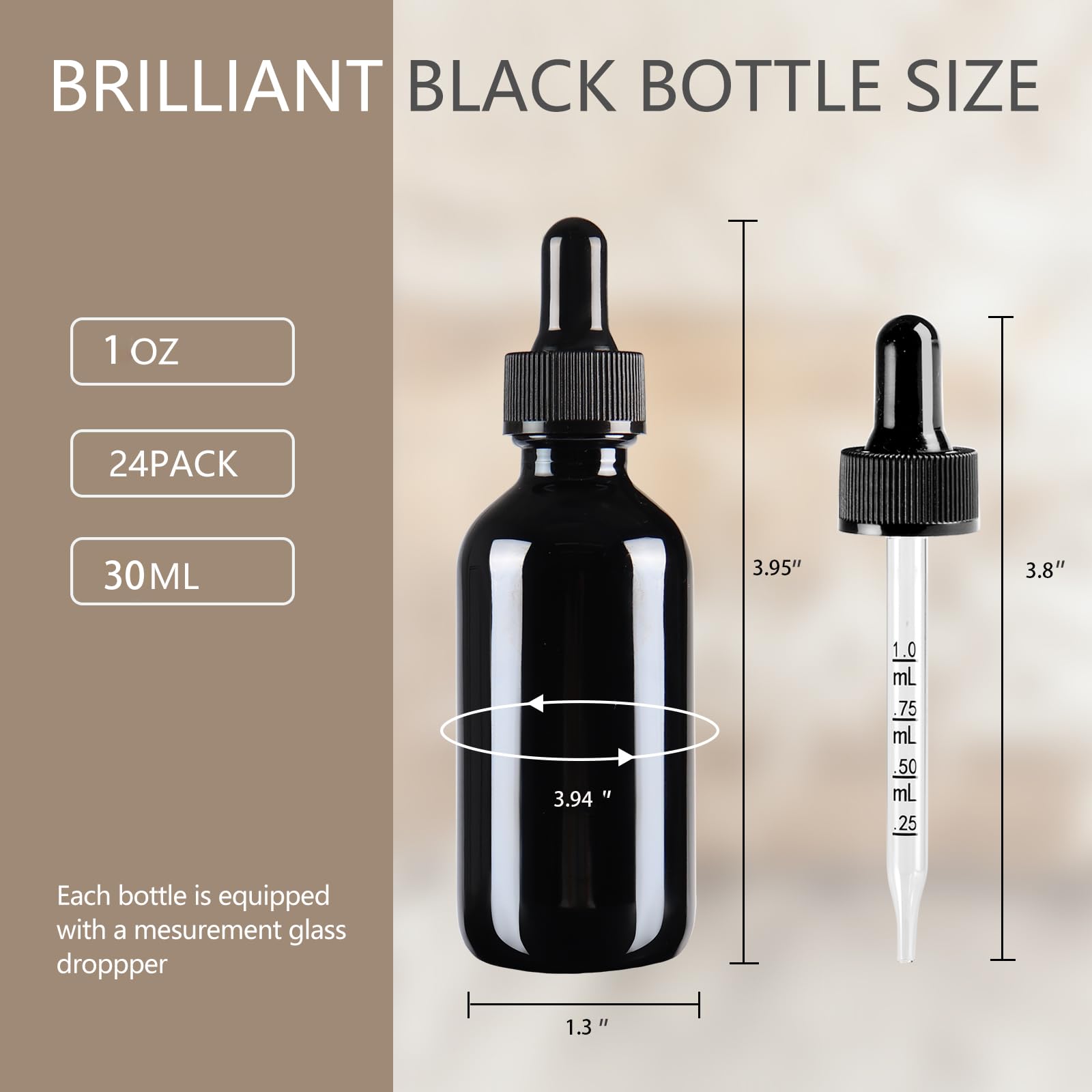 KURTOTEP 1oz Black Dropper Bottle 24 Pack - with 2 Plastic Pipettes, Leak-proof, for Essential Oils, Perfumes, travel size bottle for liquids