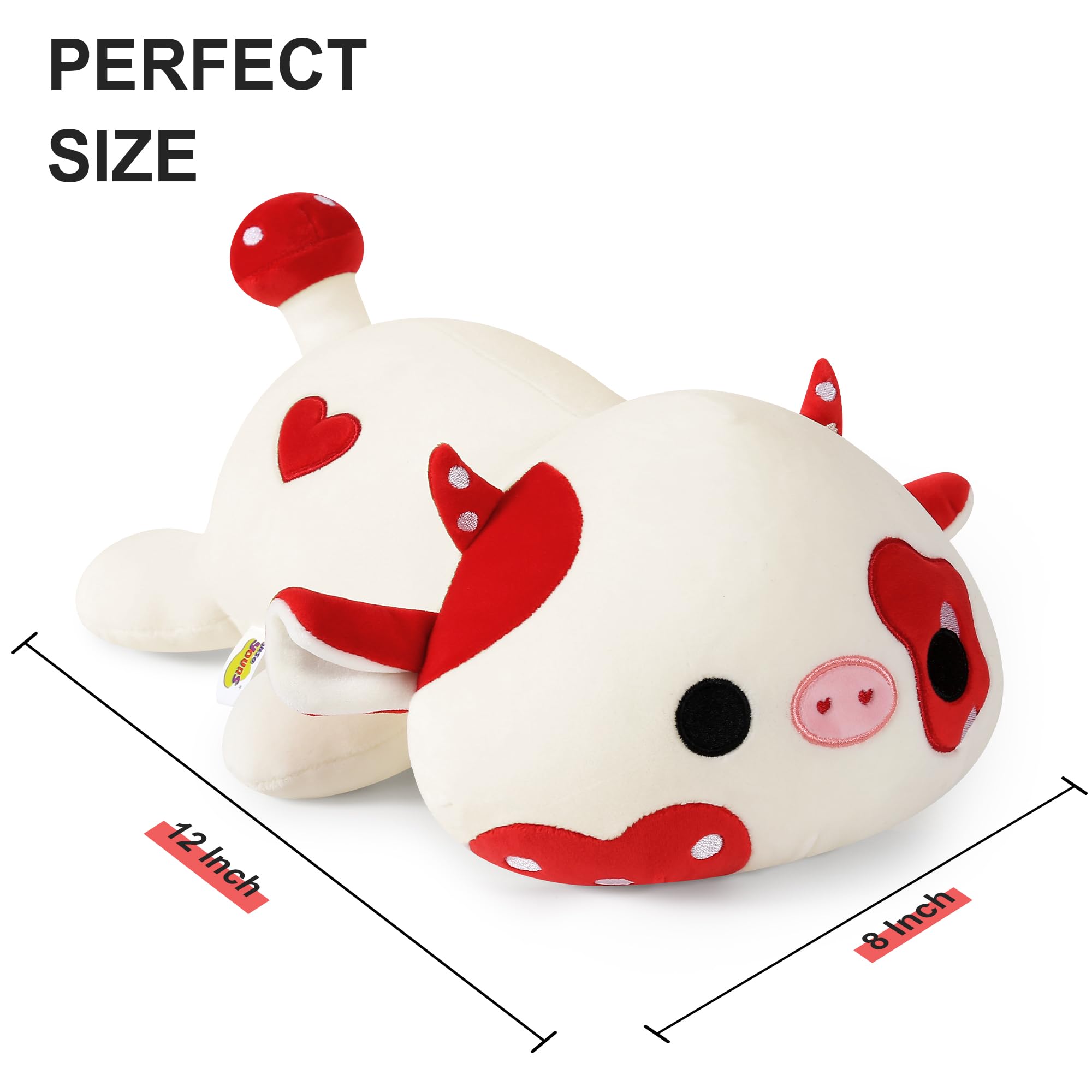 Onsoyours Cute Cow Plushie, Soft Stuffed Mushroom Cow Squishy Plush Animal Toy Pillow for Kids (Red Mushroom Cow, 12")