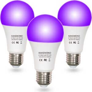 kakemono black light bulb 9w led a19 blacklight(75watt equivalent),e26 medium base 120v,uva level 395-400nm,glow in the dark for blacklights party,body paint,fluorescent poster,pack of 3